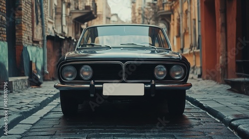 A blank license plate on a classic car parked in a retro setting.