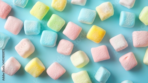 Closeup square colorful pastel marshmallow set on vibrant blue background.