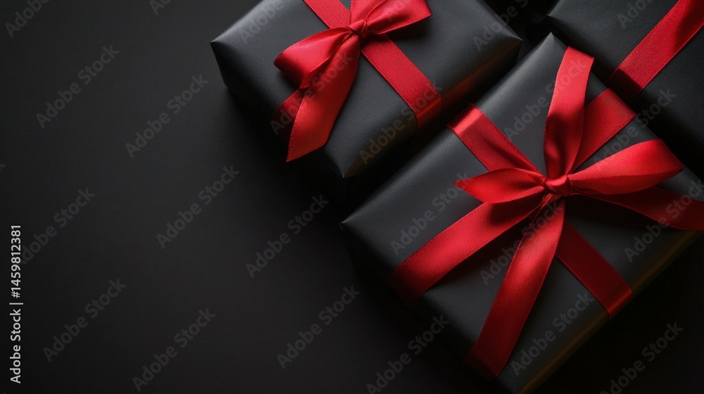 Two gift boxes wrapped in black paper with a red ribbon on a dark background with copy space. Black Friday banner Two gift boxes wrapped in black paper with a red ribbon on a dark background with copy space. Black Friday banner