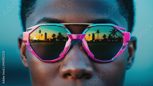 Futuristic neon sunglasses reflecting a glowing Miami neon skyline and palm trees, vibrant fashion shoot, dynamic camera movement, colorful summer night atmosphere, cinematic lens flares