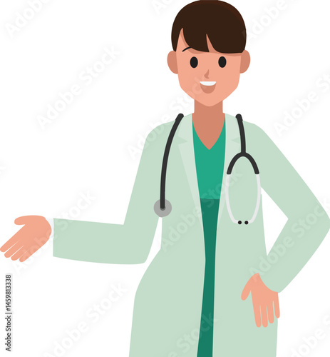 Cheerful cartoon doctor in lab coat presenting information.
