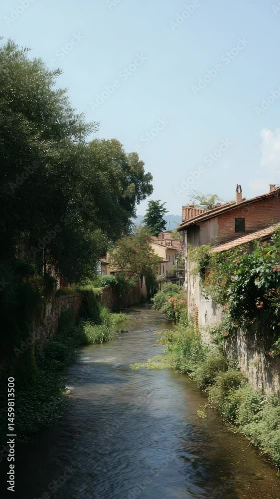 Scenic view of a narrow river flowing through a picturesque village with old brick buildings and lush green vegetation lining its banks. Scenic view of a narrow river flowing through a picturesque village with old brick buildings and lush green vegetation lining its banks.
