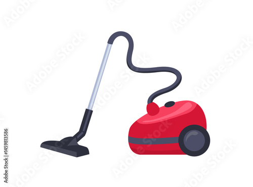 Red vacuum cleaner isolated on white background. Vector cartoon flat illustration. Cleanup icon.