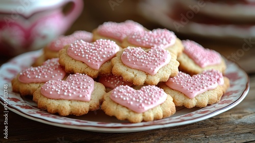 Plate of heart-shaped cookies, pink icing, sprinkles
