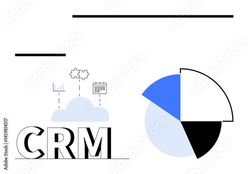 CRM text alongside cloud with data tracking icons and segmented pie chart visual. Ideal for business management, customer service, analytics, marketing, data visualization, cloud technology, flat