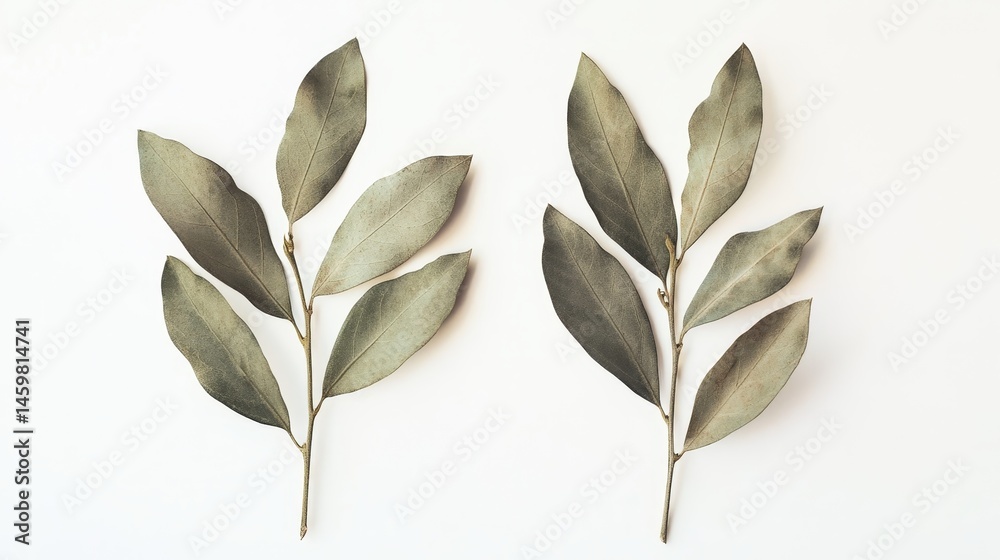 Obraz premium Close-up of two leafy olive branches against a white backdrop. 