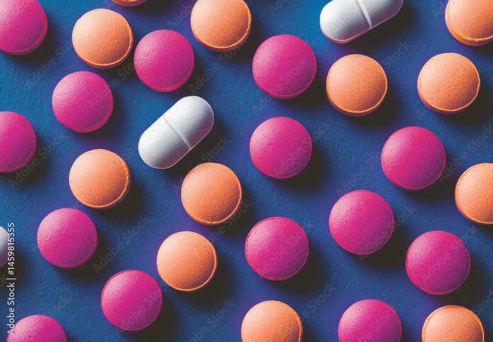 A vibrant assortment of pills and capsules in diverse shapes and colors, along with an array of medications, is on display