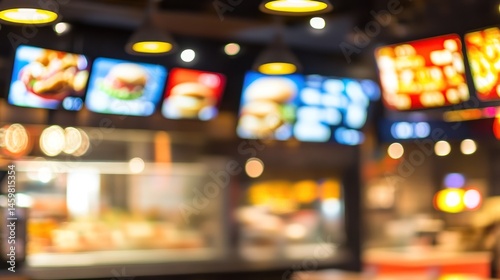 Blurred Fast Food Restaurant Interior with Menu Boards