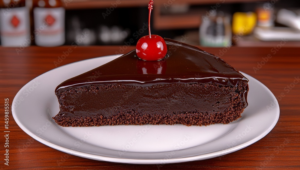 Sitting on a white plate is a decadent chocolate cake slice, garnished with glistening cherries, highlighting the art of food styling and baked goods