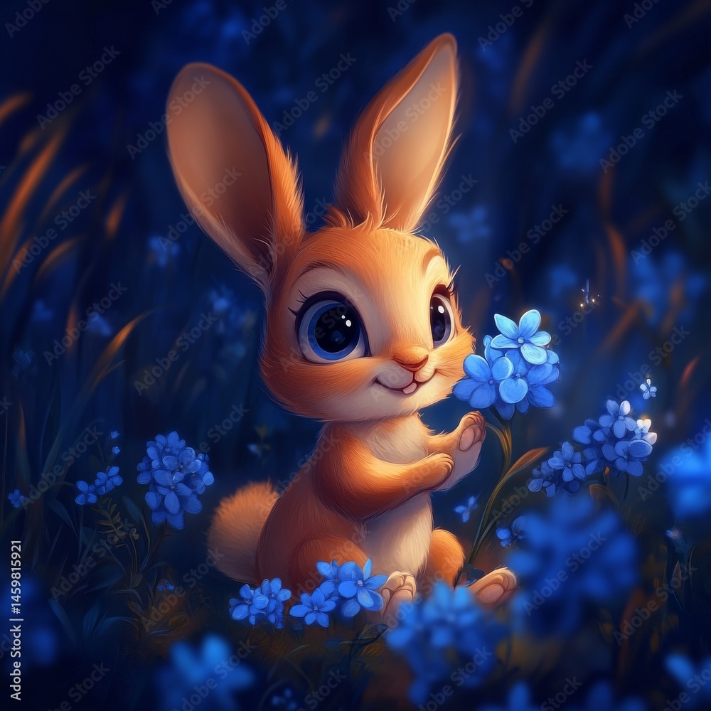 In a delightful floral setting, a charming kawaii rabbit is seen playing with hydrangeas, while another kawaii rabbit is joyfully pawing at the flowers surrounded by a bright and whimsical atmosphere