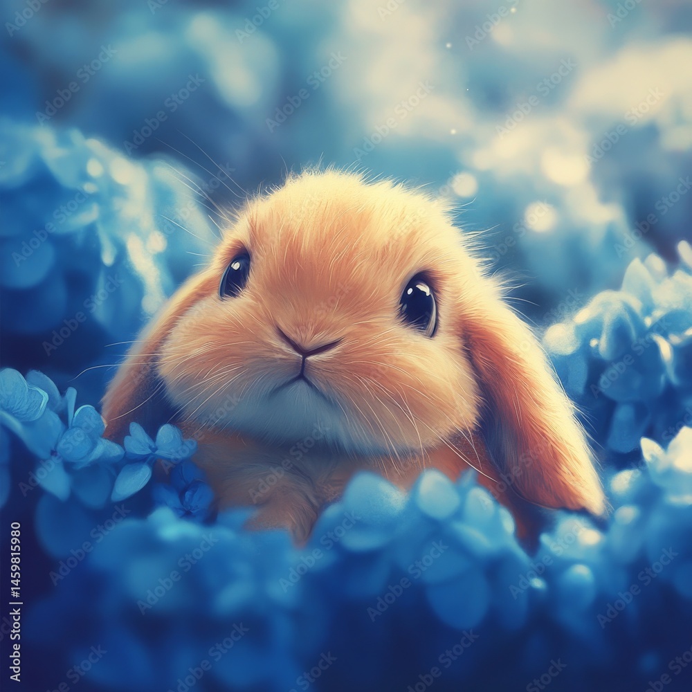 Surrounded by a bright and whimsical atmosphere, a charming kawaii rabbit plays with hydrangeas, and another kawaii rabbit is joyfully pawing at the flowers in a delightful floral setting
