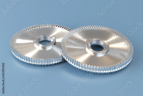 Obraz na płótnie A 3D image featuring two metallic gears with interlocking teeth and a polished silver finish, representing mechanical engineering, industrial machinery, and the transmission of motion, all set w salonie