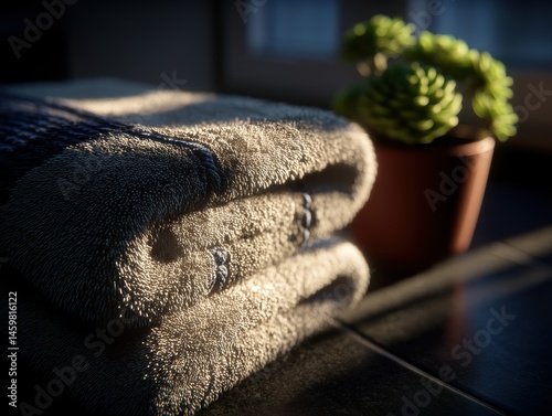 Beige towels neatly folded on dark countertop with blurred succulent plant in terracotta pot beside window in warm light creating cozy soft and natural home spa environment