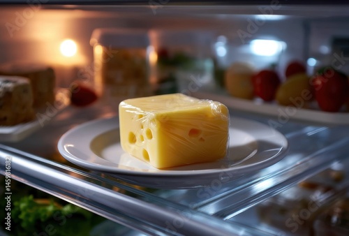 Fresh Cheese Block Wrapped in Plastic Inside a Bright Refrigerator with Vegetables and Fruits in the Background