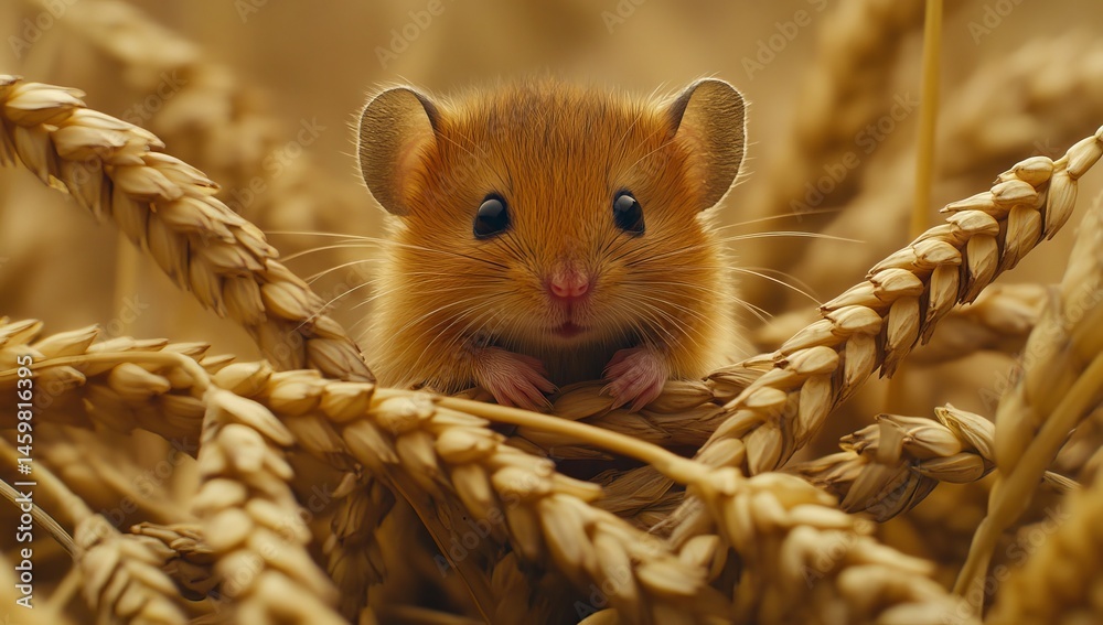 A mouse is positioned in a wheat field, with the background blurred, creating a dreamy quality where the mouse is in focus and the surroundings are slightly out of focus
