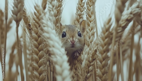 A harvest mouse sat at the top of a stalk of wheat, with its brown fur clearly visible against the blurred background
