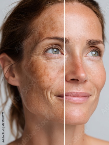 Before and after skin treatment effects on woman with visible improvement in skin tone and texture at home