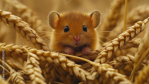 Obraz na płótnie A mouse is positioned in a wheat field, with the background blurred, creating a dreamy quality where the mouse is in focus and the surroundings are slightly out of focus w salonie