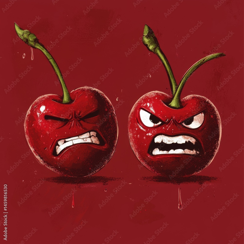 Two cherries with green eyes set against a red background give off a lively vibe due to their animated nature