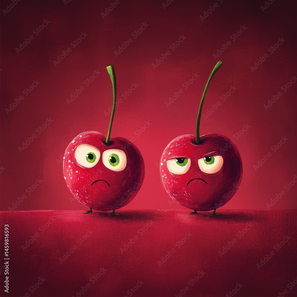A pink background serves as the setting for a painting that features two cherries, both of which have green eyes