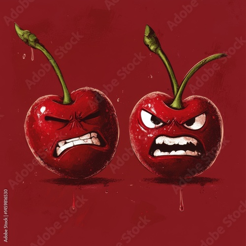 Obraz na płótnie Two cherries with green eyes set against a red background give off a lively vibe due to their animated nature w salonie