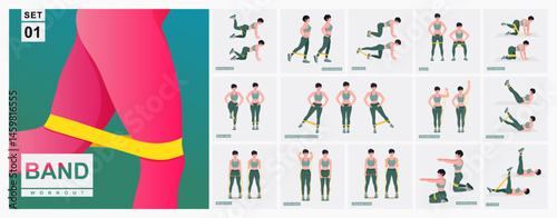 Resistance band Workout Set. Women doing fitness and yoga exercises.