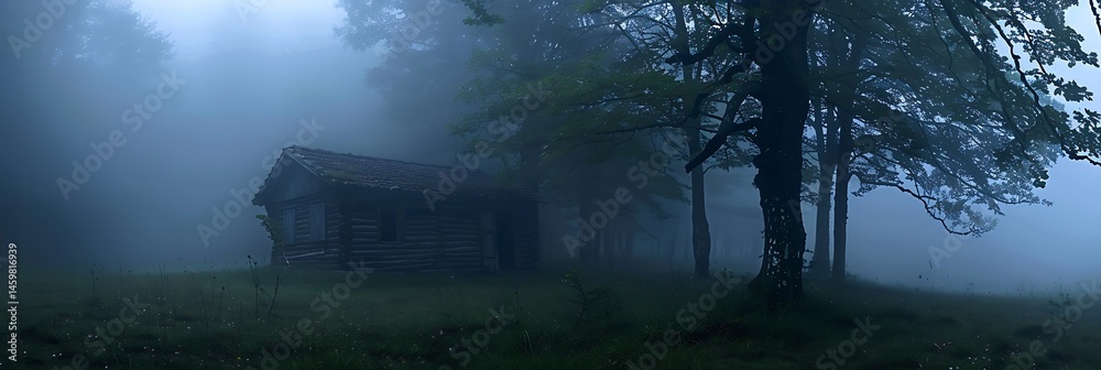 Fototapeta premium Mysterious old wooden cabin partially obscured by dense fog in a clearing, with trees silhouetted in the background. Evokes a moody, eerie, or secluded atmosphere.