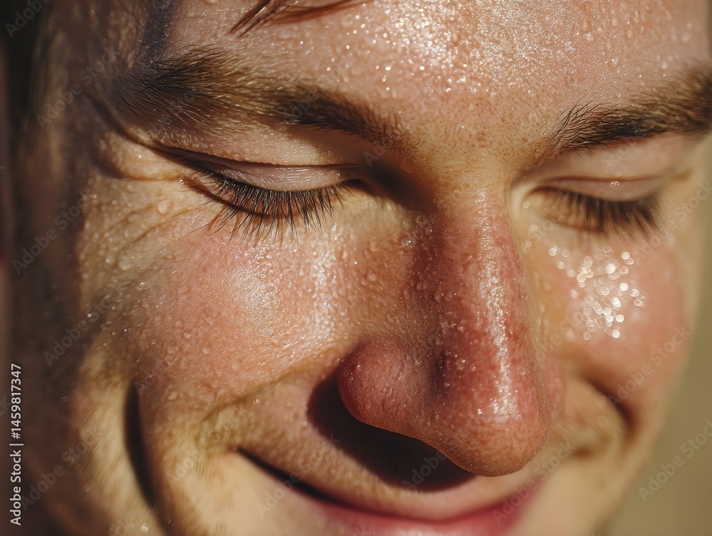 Fototapeta premium Closeup of smiling Caucasian man's face with closed eyes and glowing skin covered in sweat droplets expressing satisfaction heat endurance and connection to natural outdoor summer environment