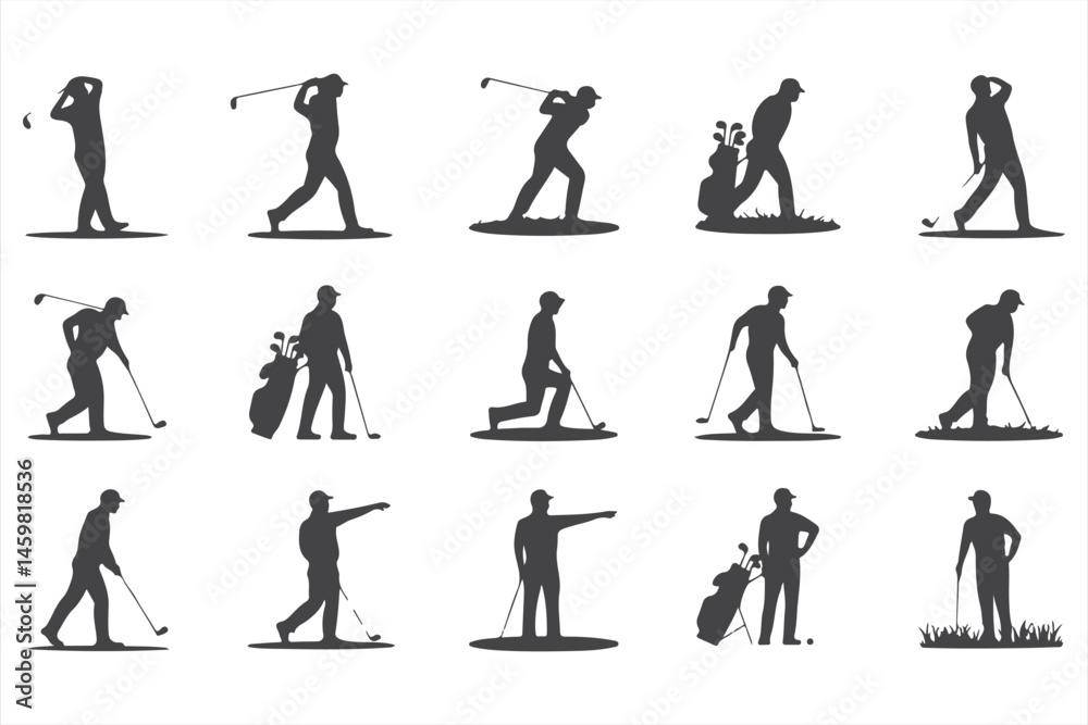 Illustration Set of Golf Players in Action: Swinging Clubs and Putting