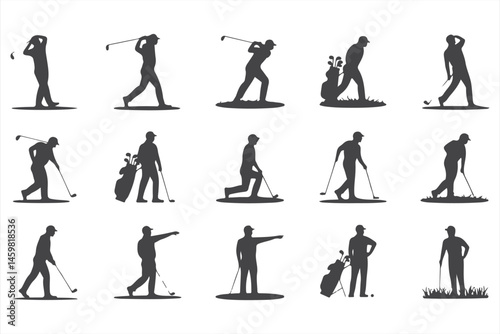 Illustration Set of Golf Players in Action: Swinging Clubs and Putting