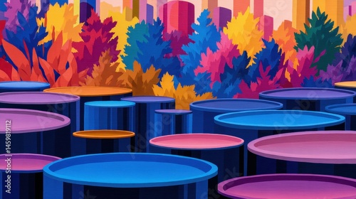 Colorful abstract landscape with vibrant trees and circular shapes in a whimsical setting photo
