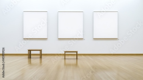 Minimalist Gallery Interior:  Empty Canvas and Wooden Benches