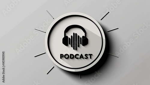 A minimalist podcast icon with headphones, sound waves, and the word 