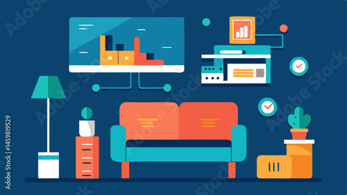 Home Interior An illustration depicting a cozy living room with furniture alongside a digital twin representation that highlights layout furniture specs and energy efficiency data.