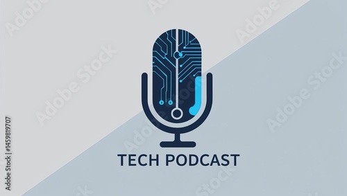 A modern microphone with circuit patterns symbolizes a technology podcast on a two-tone background.