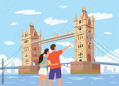 Girl and boy looking at London landmarks - Tower Bridge. Vector illustration