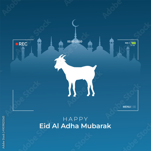Eid Adha Mubarak Greeting Islamic Illustration Background Vector Design With Arabic calligraphy, door, and Goat for Card, wallpaper, banner, cover.