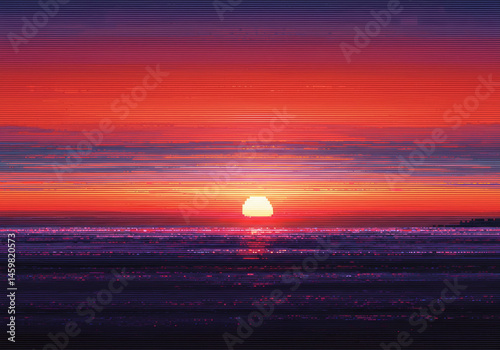 pixelated sunset horizon, abstract twilight scene, neon-infused digital art, landscap abstraction, surreal dusk transition
