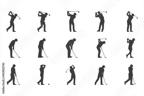 Set of Golf Silhouettes: Players Swinging, Putting, and Carrying Golf Clubs