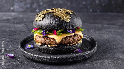 Gourmet black bun burger, delicious topping, dark background, food photography, restaurant photo