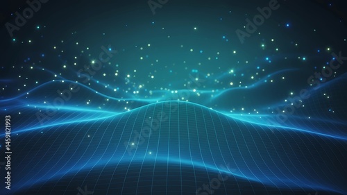 Abstract Digital Wave Background with Glowing Grid and Particles – Futuristic Tech Design