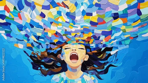 A vibrant artwork depicting a girl joyfully immersed in a colorful world of emotions and creativity. photo