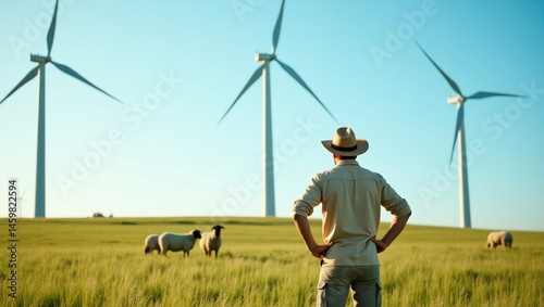 A person standing in a green field with grazing sheep, observing large wind turbines under a blue sky, reflecting themes of sustainability, rural life, and environmental conservation.