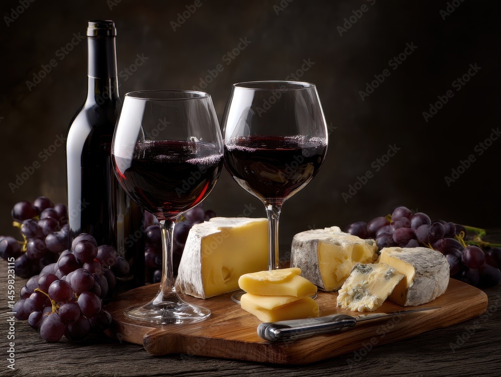 Elegant Setting with Red Wine Glasses, Assorted Cheese, Grapes, and a Bottle of Red Wine on a Wooden Board for Gourmet Gatherings Elegant Setting with Red Wine Glasses, Assorted Cheese, Grapes, and a Bottle of Red Wine on a Wooden Board for Gourmet Gatherings