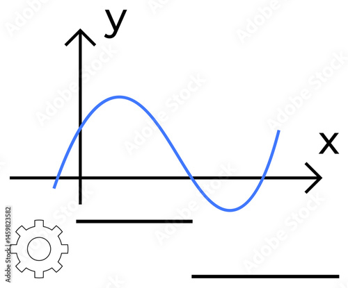 Sine wave on X-Y axis with gear and additional graphic lines. Ideal for engineering, analysis, mathematics, statistics, mechanics, science, physics. Perfect for simple landing page