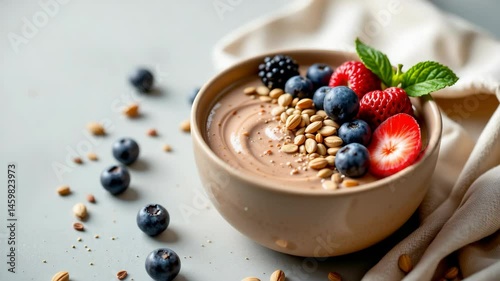 A bowl of chocolate smoothie topped with fresh berries, sunflower seeds, and mint leaves sits on a light surface with scattered blueberries around.