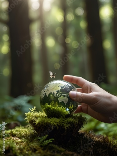 A hand gently places a glass globe representing Earth in a lush forest scene, symbolizing harmony, nature conservation, and environmental awareness.