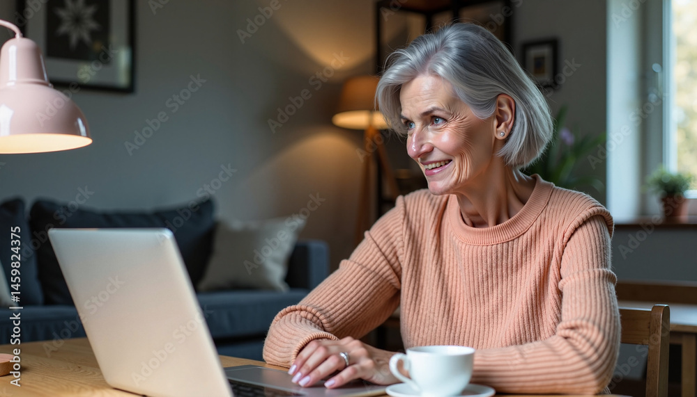 Smiling elderly woman using a laptop at home, enjoying her time with coffee Smiling elderly woman using a laptop at home, enjoying her time with coffee