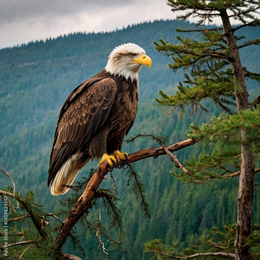 Majestic eagle perched on branch, mountain backdrop Majestic eagle perched on branch, mountain backdrop