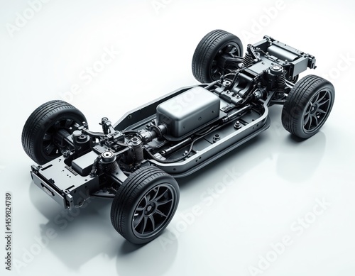 3D rendering of electric vehicle chassis with battery pack. Cutaway view car undercarriage. Modern technology shows electric motor, rechargeable module, sustainable power concept for transport.